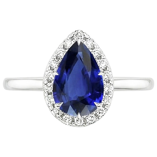 Halo Fidanzamento Diamante Pera Anello Zaffiro Ceylon 5 Carati Oro Bianco