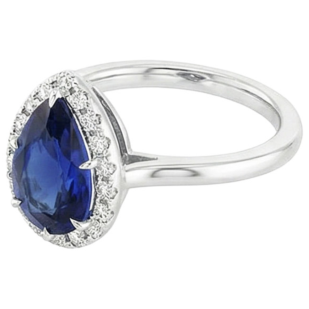 Halo Fidanzamento Diamante Pera Anello Zaffiro Ceylon 5 Carati Oro Bianco