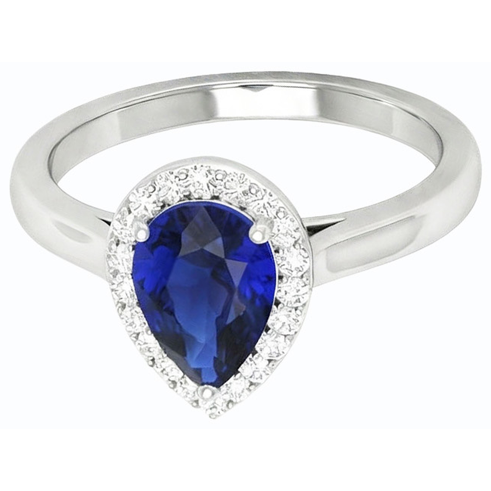 Halo Pear Deep Blue Sapphire Ring Oro bianco 3 carati Gioielli