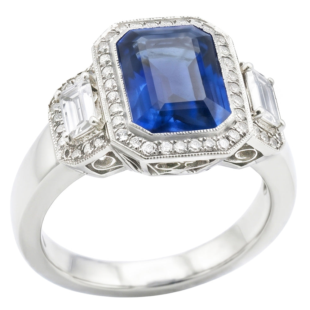 Halo Radiant Zaffiro Anello Milgrain Shank Baguette Diamanti Naturali Autentici ( non creati in laboratorio ) 4 Carati