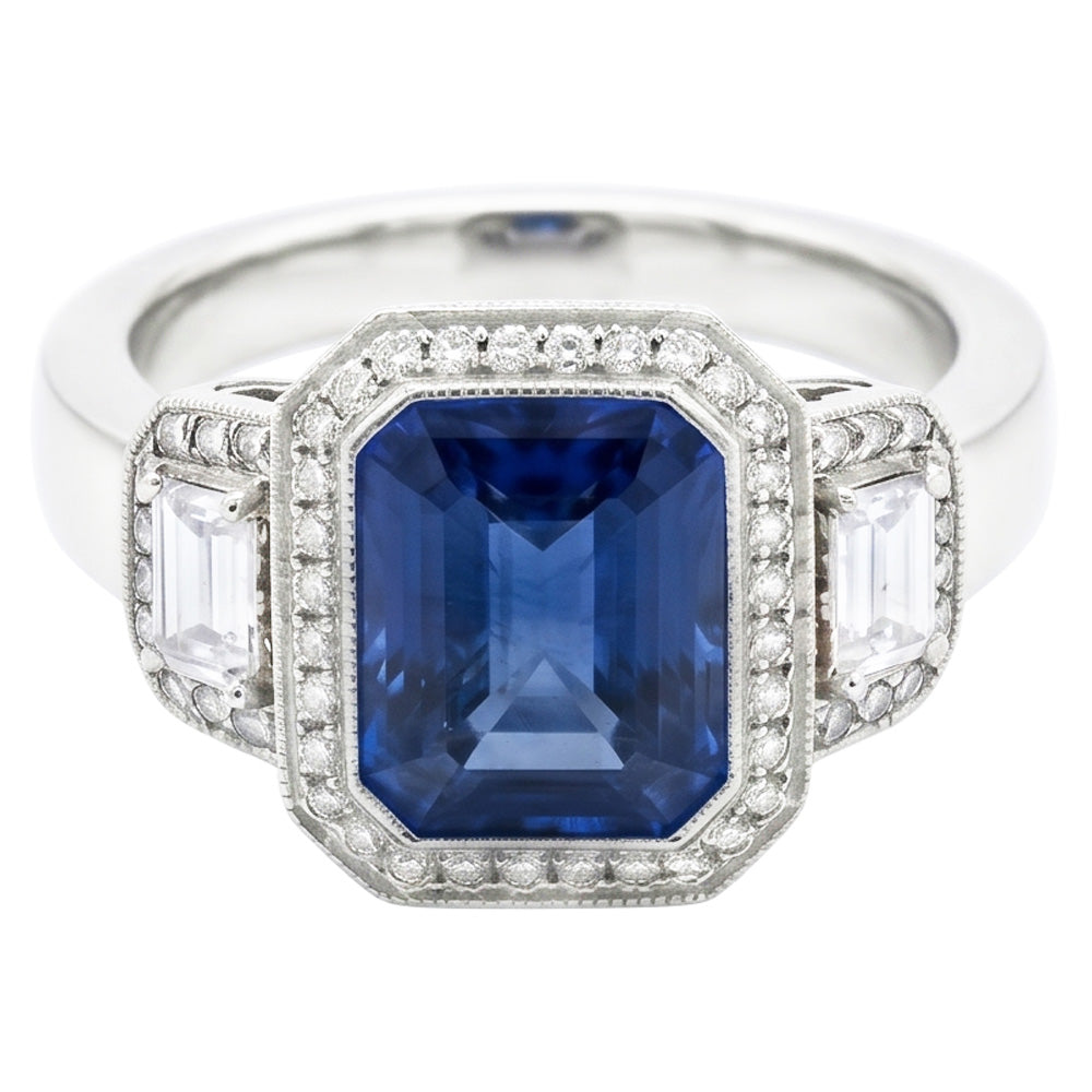 Halo Radiant Zaffiro Anello Milgrain Shank Baguette Diamanti Naturali Autentici ( non creati in laboratorio ) 4 Carati