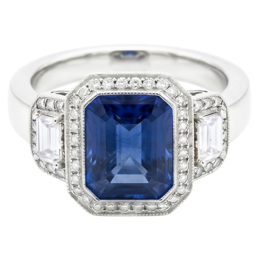 Halo Radiant Zaffiro Anello Milgrain Shank Baguette Diamanti Naturali Autentici ( non creati in laboratorio ) 4 Carati