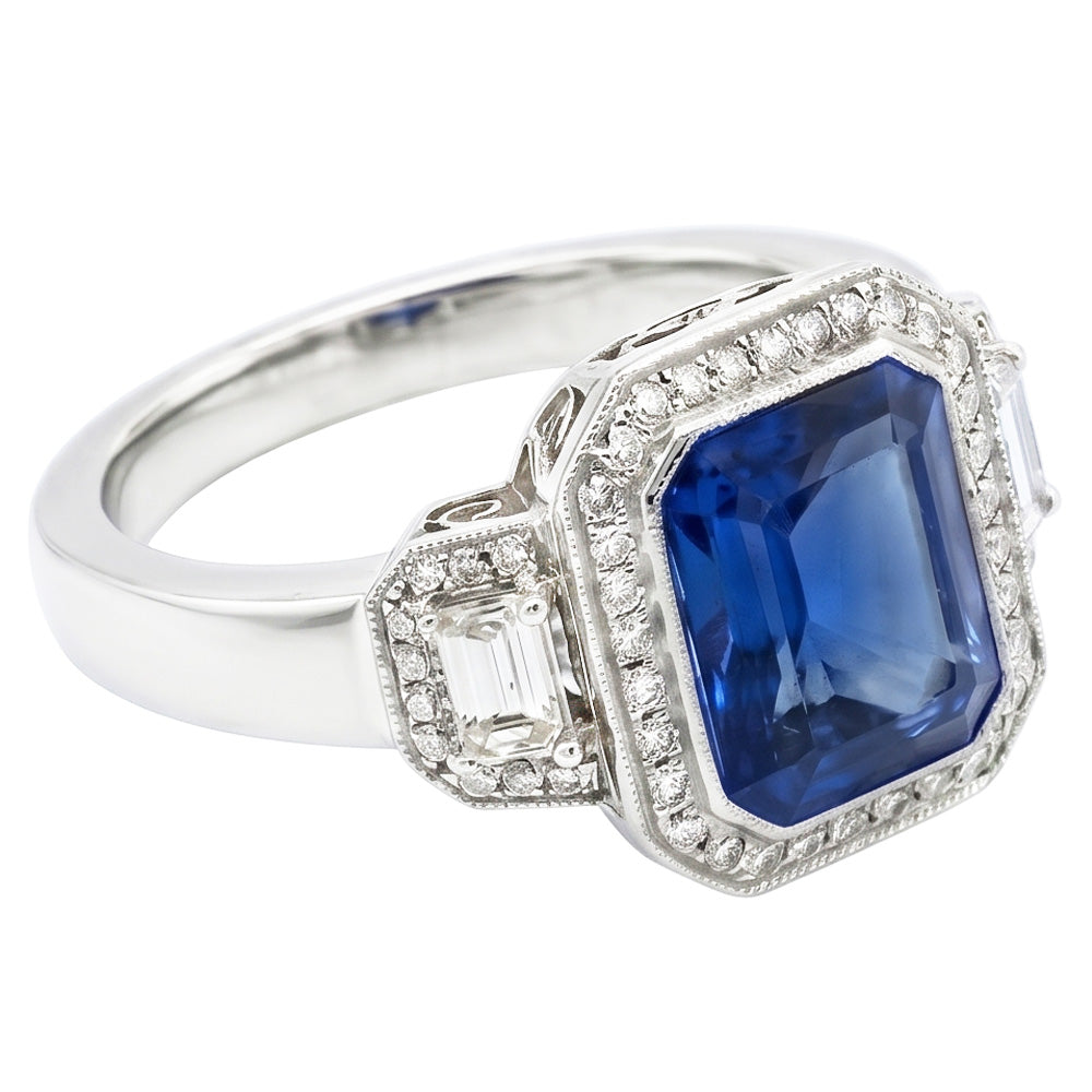 Halo Radiant Zaffiro Anello Milgrain Shank Baguette Diamanti Naturali Autentici ( non creati in laboratorio ) 4 Carati