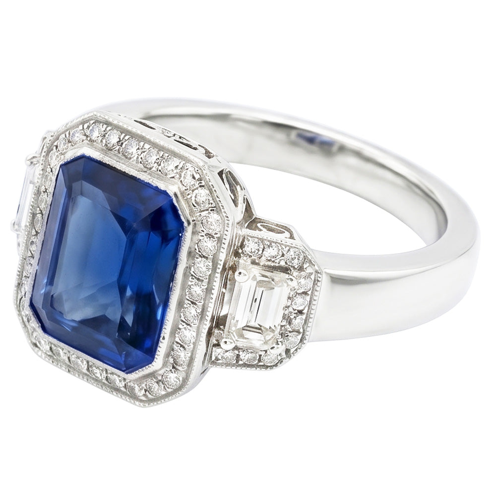 Halo Radiant Zaffiro Anello Milgrain Shank Baguette Diamanti Naturali Autentici ( non creati in laboratorio ) 4 Carati