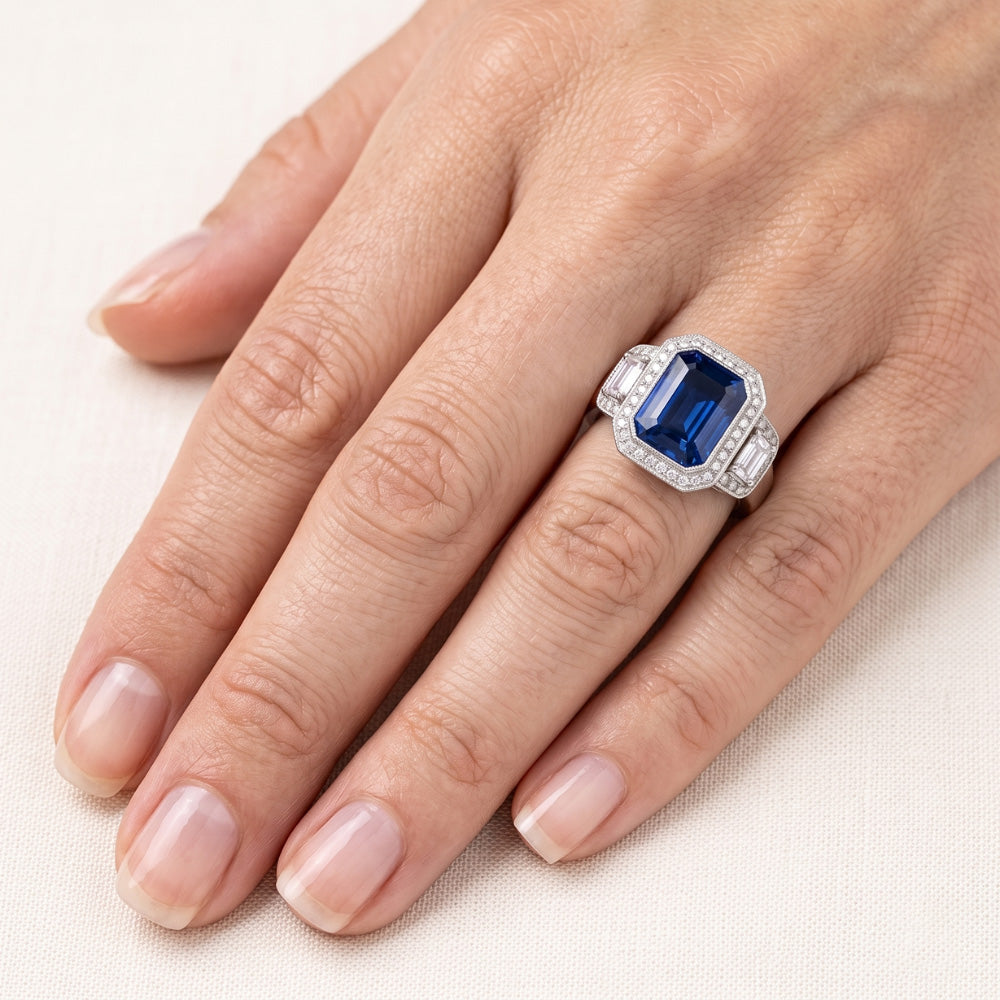 Halo Radiant Zaffiro Anello Milgrain Shank Baguette Diamanti Naturali Autentici ( non creati in laboratorio ) 4 Carati