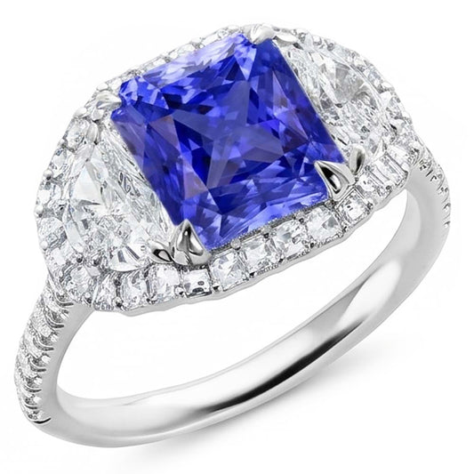 Halo Ring Cushion Zaffiro con mezza luna e diamante rotondo 4.50 carati
