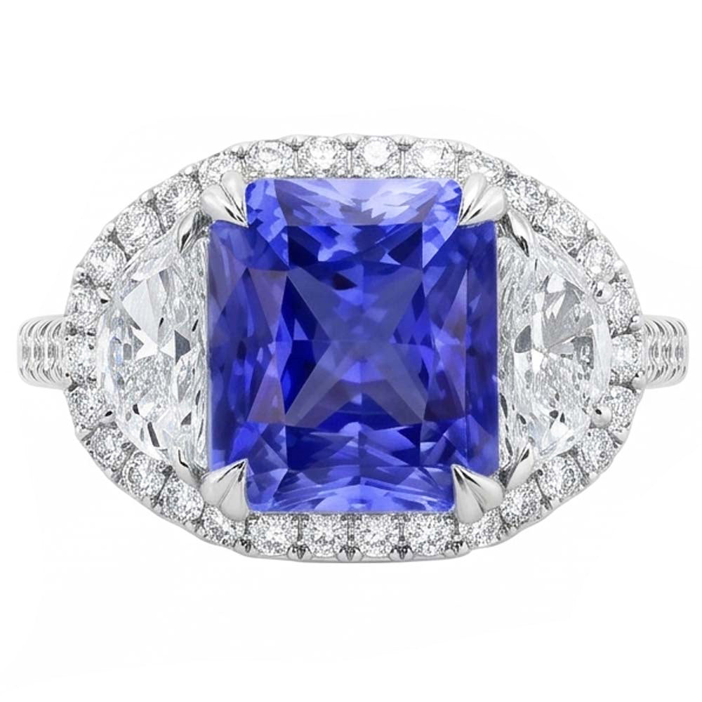 Halo Ring Cushion Zaffiro con mezza luna e diamante rotondo 4.50 carati