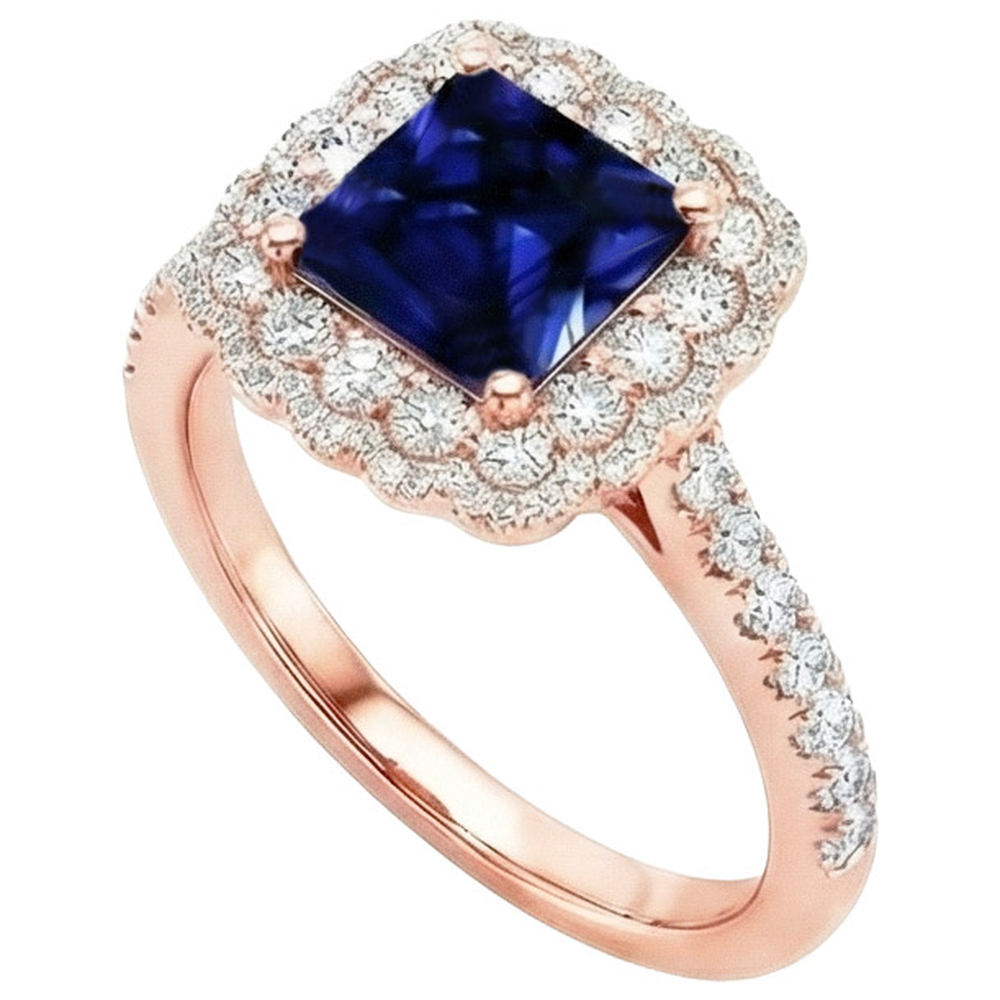 Halo Round Diamond Ring Flower Style Princess Blue Sapphire 7 carati