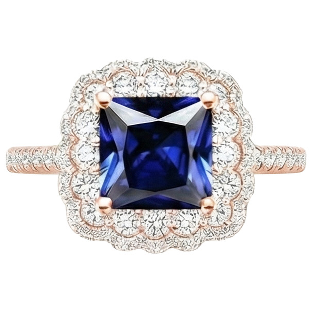 Halo Round Diamond Ring Flower Style Princess Blue Sapphire 7 carati