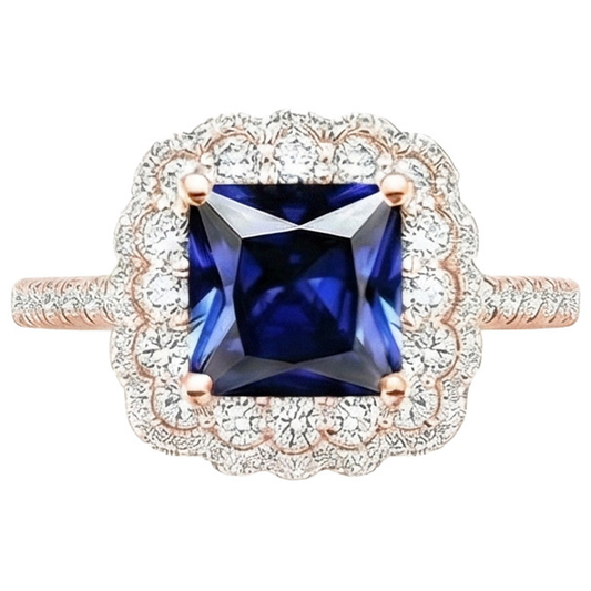 Halo Round Diamond Ring Flower Style Princess Blue Sapphire 7 carati