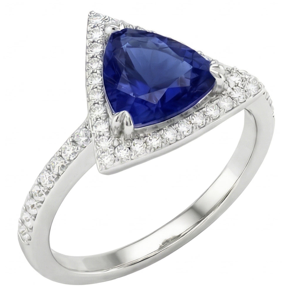 Halo Round Diamond Ring Trillion Sapphires 1,50 carati Gioielli da donna con oro bianco 14K