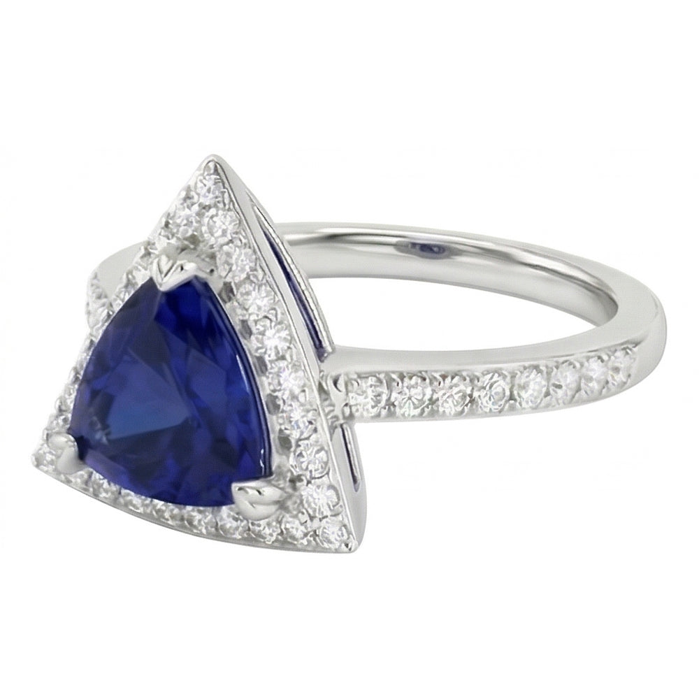 Halo Round Diamond Ring Trillion Sapphires 1,50 carati Gioielli da donna con oro bianco 14K