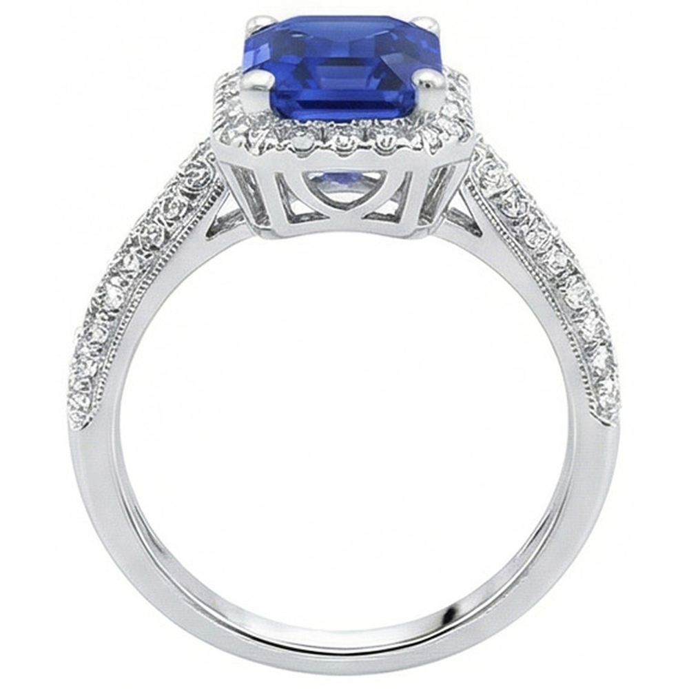Halo Sapphire Anello Di Fidanzamento Doppia Fila Pave Di Diamanti Naturali Autentici ( non creati in laboratorio ) 4 Carati