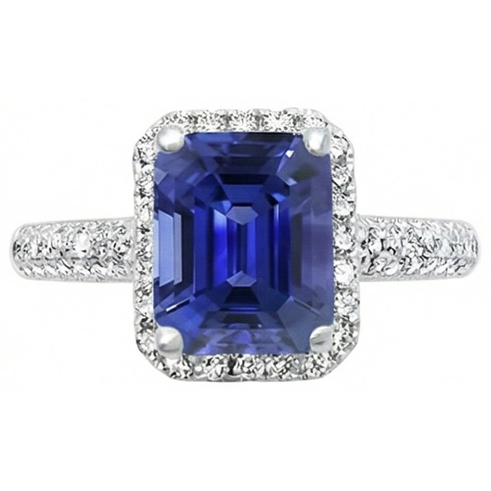 Halo Sapphire Anello Di Fidanzamento Doppia Fila Pave Di Diamanti Naturali Autentici ( non creati in laboratorio ) 4 Carati