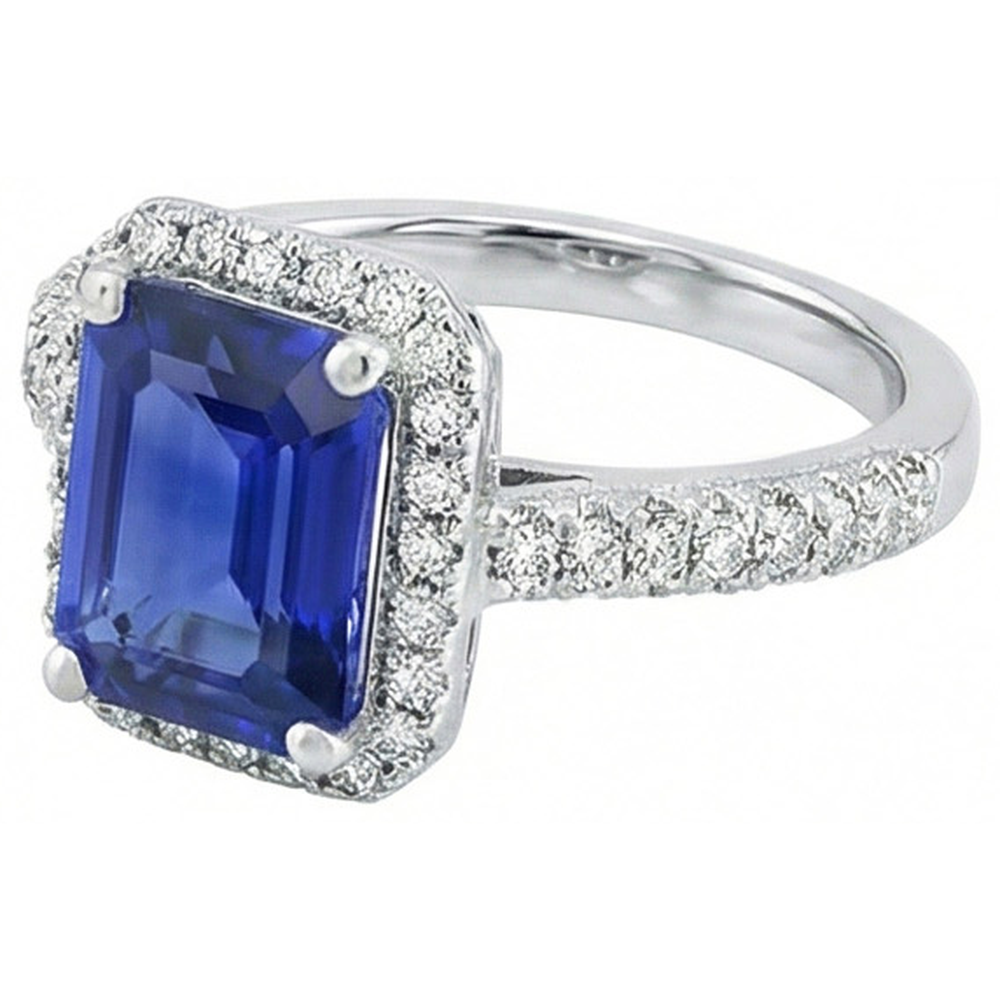 Halo Sapphire Anello Di Fidanzamento Doppia Fila Pave Di Diamanti Naturali Autentici ( non creati in laboratorio ) 4 Carati