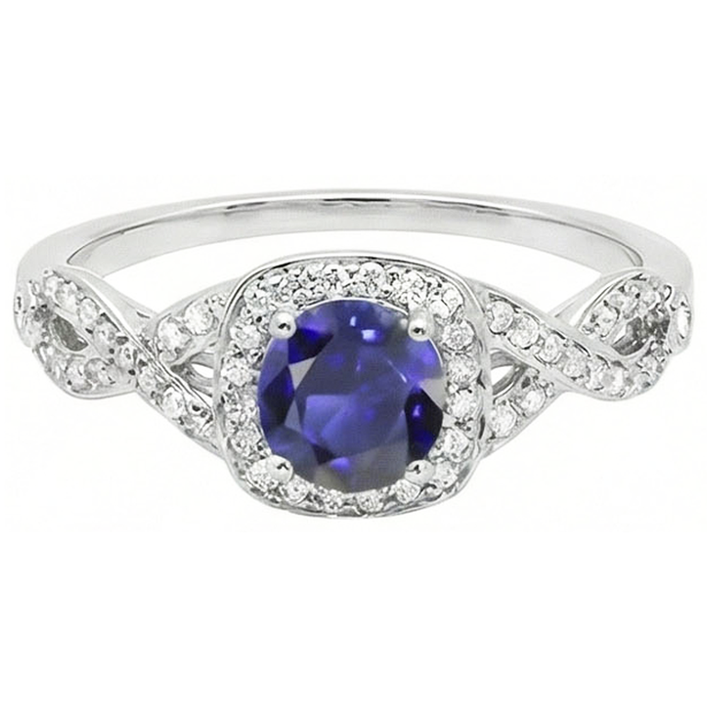 Halo Sapphire Wedding Ring Round Twisted Stem Diamonds 2,50 carati con oro bianco 14K