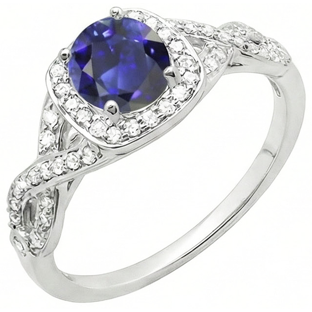 Halo Sapphire Wedding Ring Round Twisted Stem Diamonds 2,50 carati con oro bianco 14K