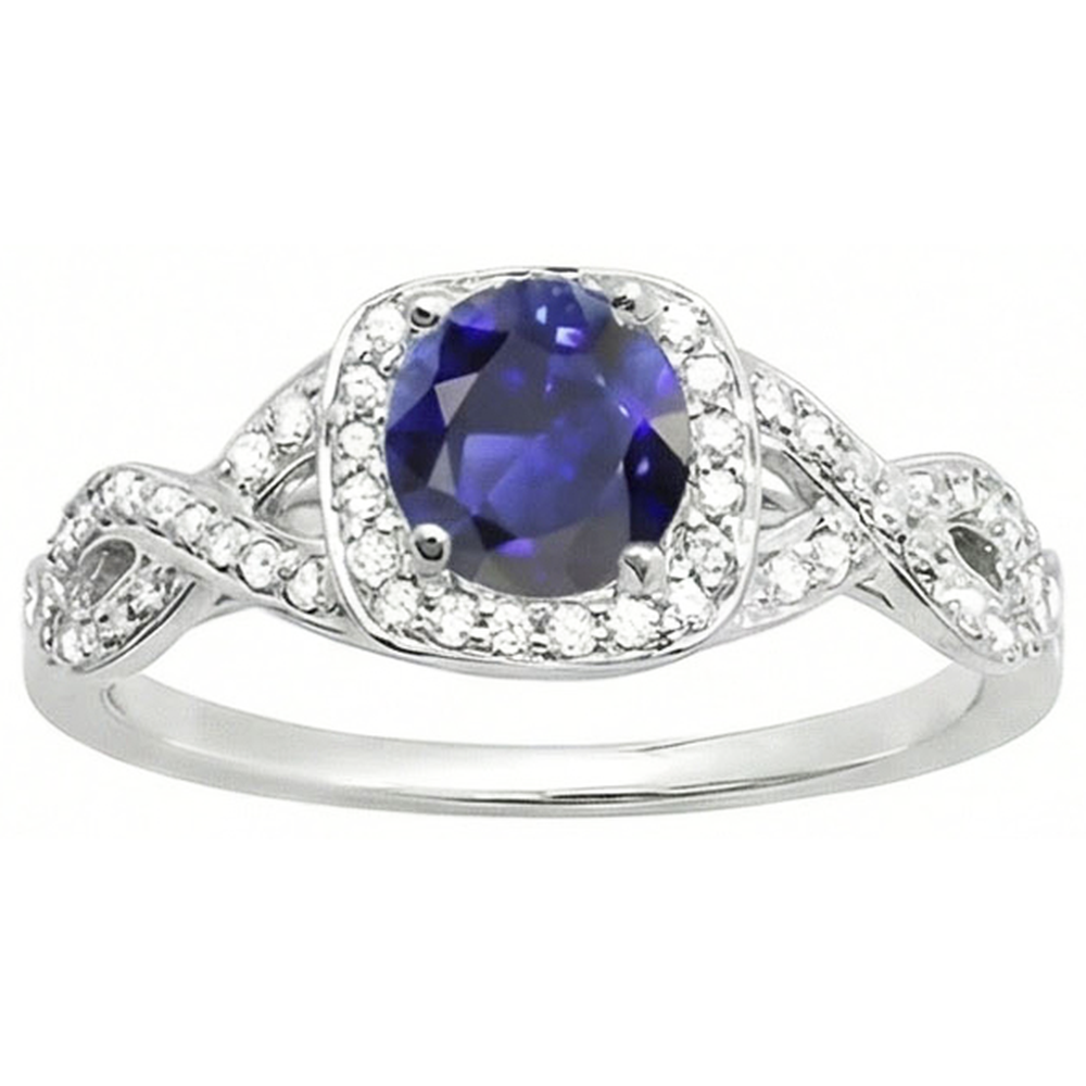 Halo Sapphire Wedding Ring Round Twisted Stem Diamonds 2,50 carati con oro bianco 14K