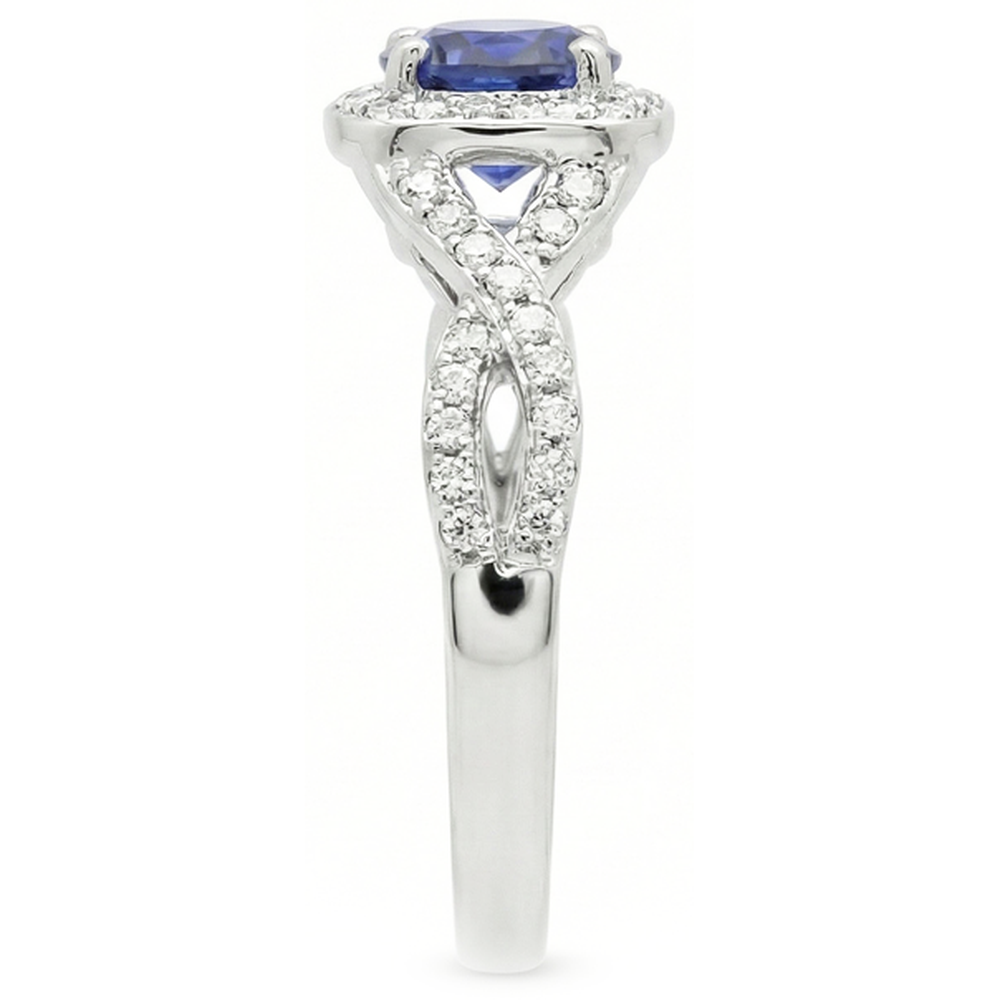 Halo Sapphire Wedding Ring Round Twisted Stem Diamonds 2,50 carati con oro bianco 14K