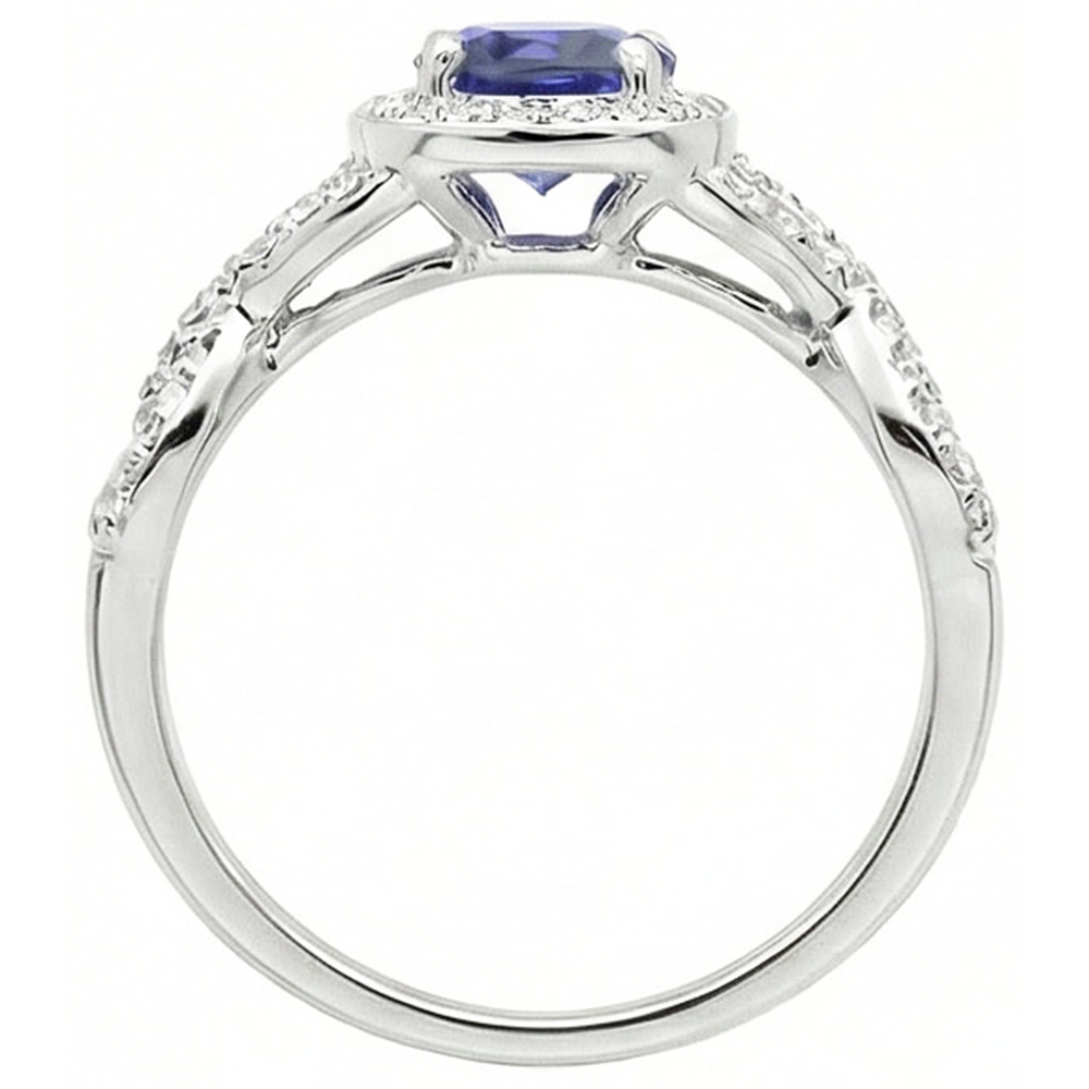 Halo Sapphire Wedding Ring Round Twisted Stem Diamonds 2,50 carati con oro bianco 14K