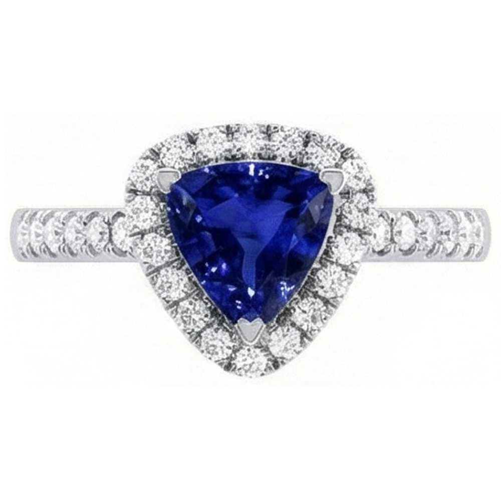 Halo Trillion Diamond Deep Blue Sapphire Ring 2 carati e gioielli in oro bianco 14K