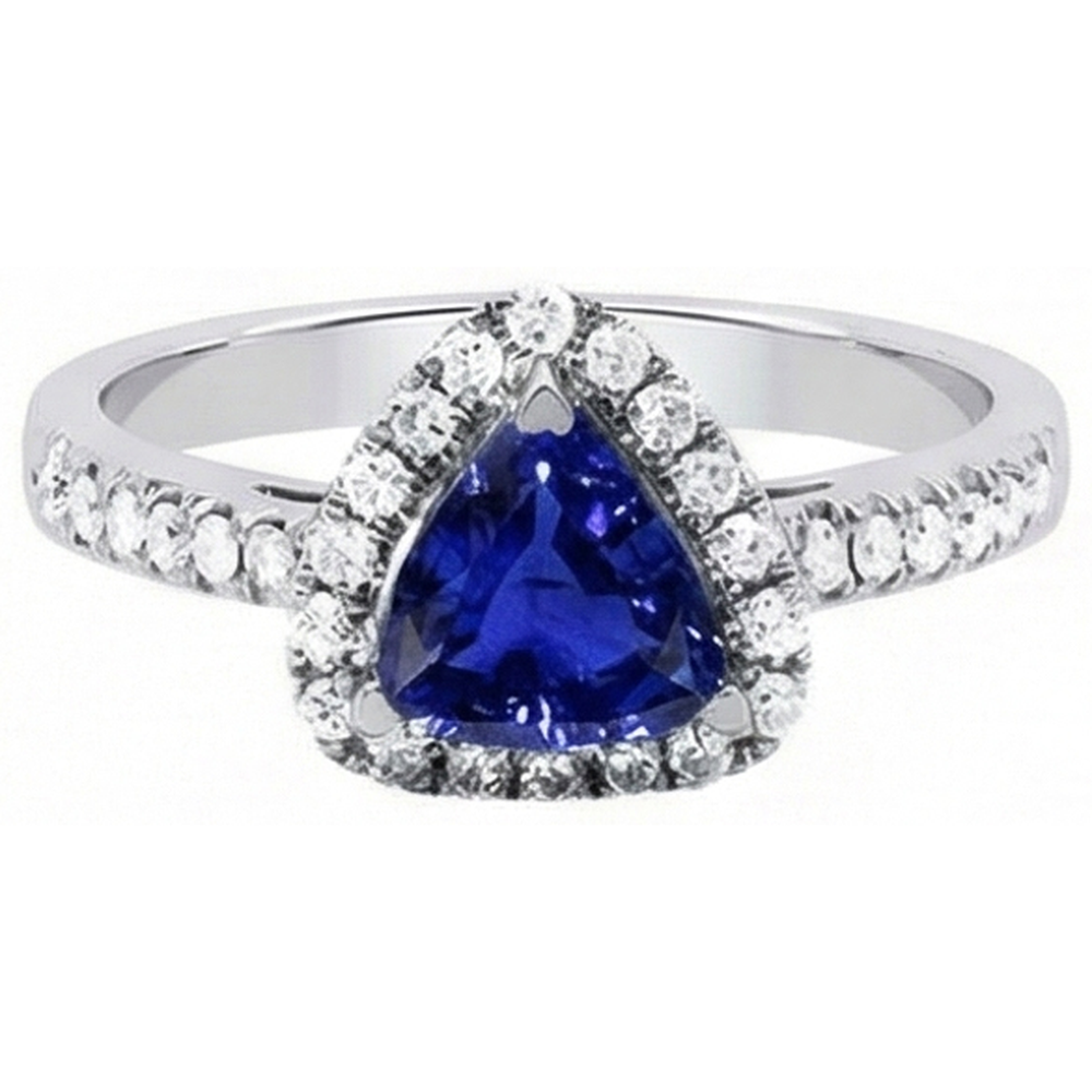 Halo Trillion Diamond Deep Blue Sapphire Ring 2 carati e gioielli in oro bianco 14K