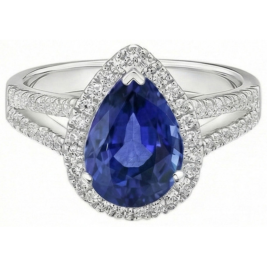 Halo diamante anello di fidanzamento pera zaffiro ceylon gambo diviso 4 carati