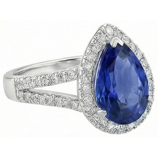 Halo diamante anello di fidanzamento pera zaffiro ceylon gambo diviso 4 carati