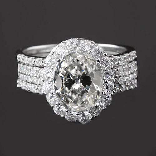 Halo Anello Di Fidanzamento Set Ovale Vecchio Minatore Naturale Diamante 14K Oro 5,50 Carati