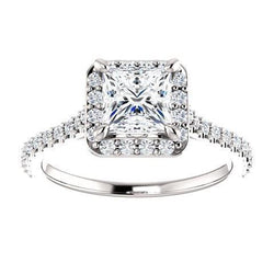 Halo Anello Di Nozze Accenti 1,50 Carati Princess Genuino Diamond Solitaire Con 14K Di Oro Bianco