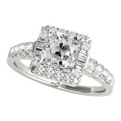 Halo Baguette & Cushion Vecchio Taglio Vero Diamante Ring Accenti 8 Carati