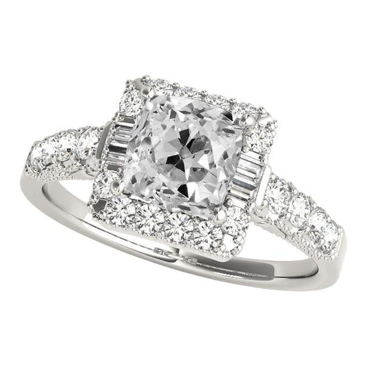 Halo Baguette & Cushion Vecchio Taglio Vero Diamante Ring Accenti 8 Carati