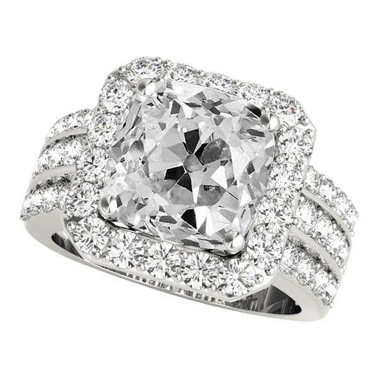 Halo Cushion Old Mine Cut Genuino Diamante Ring Accenti A Tripla Fila 11,50 Carati