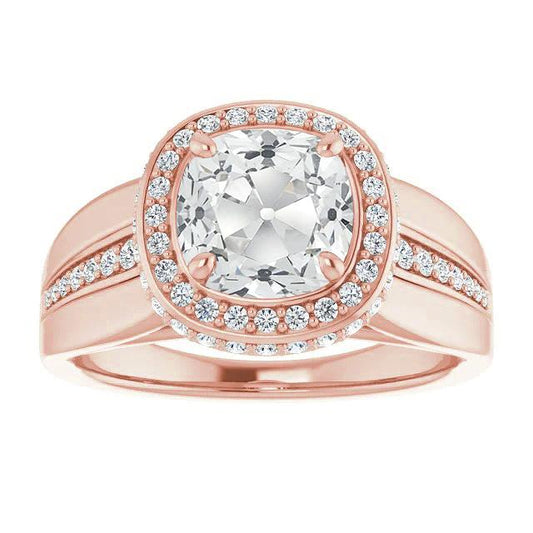 Halo Cushion Vecchio Minatore Anello Di Naturale Diamanti Con Accenti 8,25 Carati In Oro Rosa