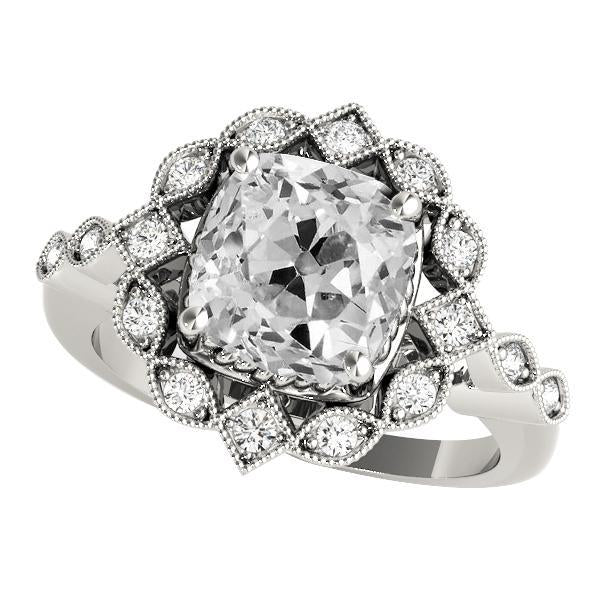 Halo Cushion Vecchio Taglio Genuino Diamante Ring Flower Style 8,50 Carati Milgrain