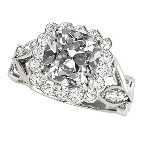 Halo Cushion Vecchio Taglio Naturale Diamante Ring Flower With Leaf Style 9,50 Carati