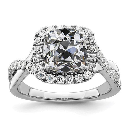 Halo Cushion Vecchio Taglio Vero Diamante Ring Gambo Intrecciato Oro 6,75 Carati