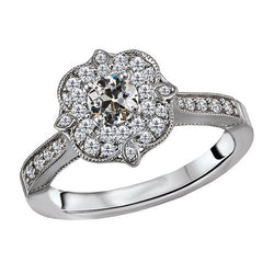 Diamante Fine Cuscino Antico Anello Halo 1 carati in Oro Bianco