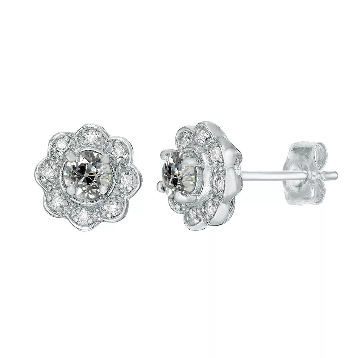 Halo Genuino Diamante Studs Flower Style Vecchio Taglio Orecchini 4 Carati Push Backs