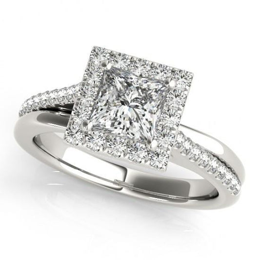 Halo Genuino Diamond Princess Cut Con Accenti Anello Di Fidanzamento 1.50 Carati