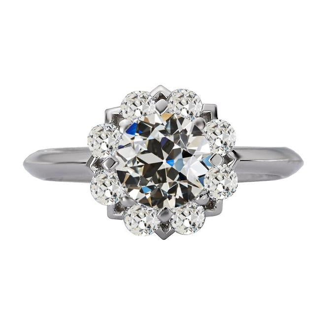 Halo Il Giro Old Mine Cut Vero Diamante Ring Flower Style Oro 14K 6 Carati