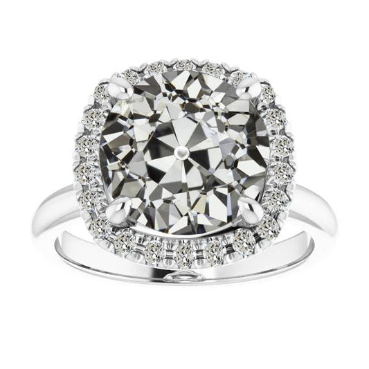 Halo Il Giro Old Mine Cut Vero Diamante Ring Prong Set Oro 14K 9 Carati
