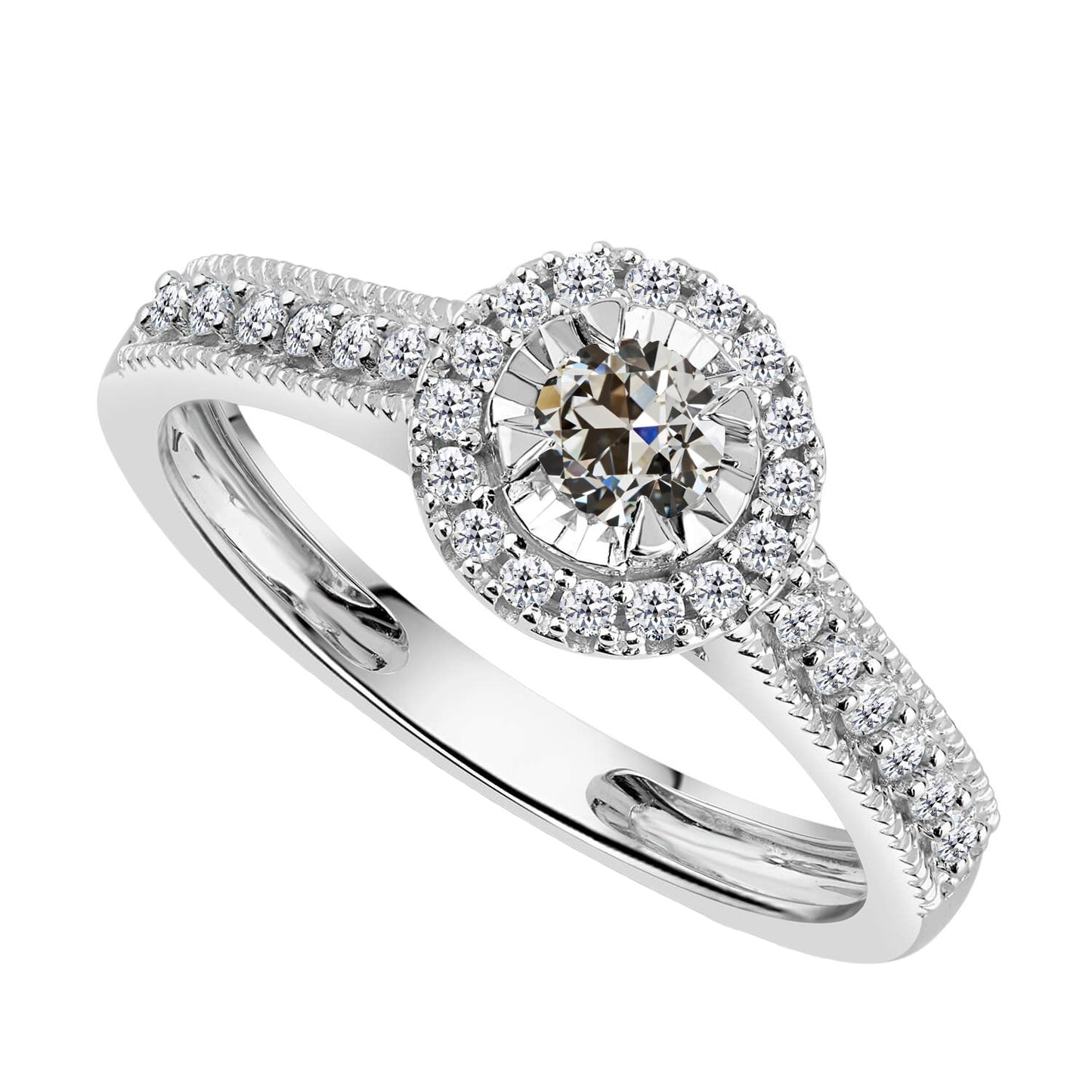 Diamante Anello con Pavé Halo 3-carati Oro 14 Carati Bianco – vista principale
