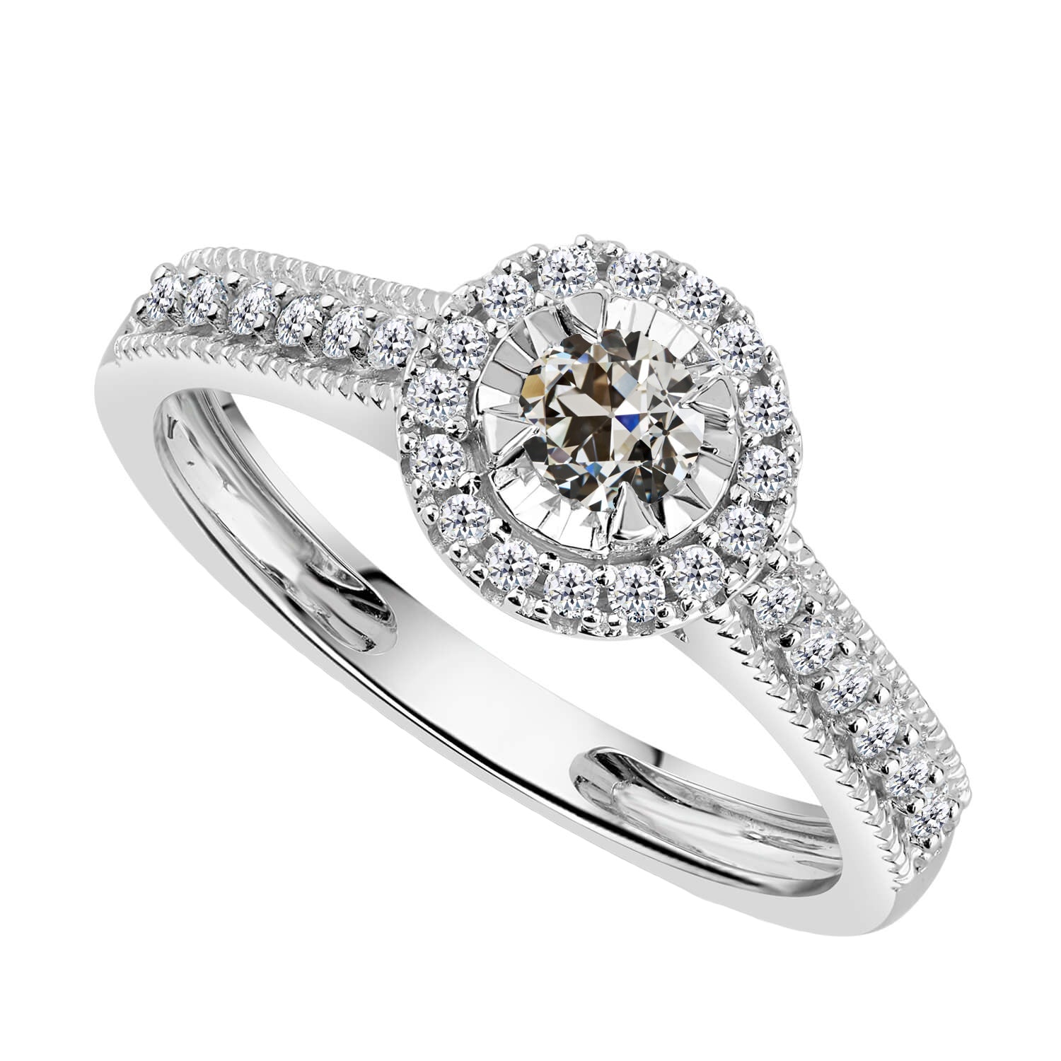 Diamante Anello con Pavé Halo 3-carati Oro 14 Carati Bianco – vista principale