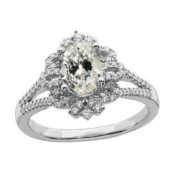 Halo Ovale Anello Con Vero Diamante Taglio Antico Stile Fiore Gambo Diviso 4,50 Carati