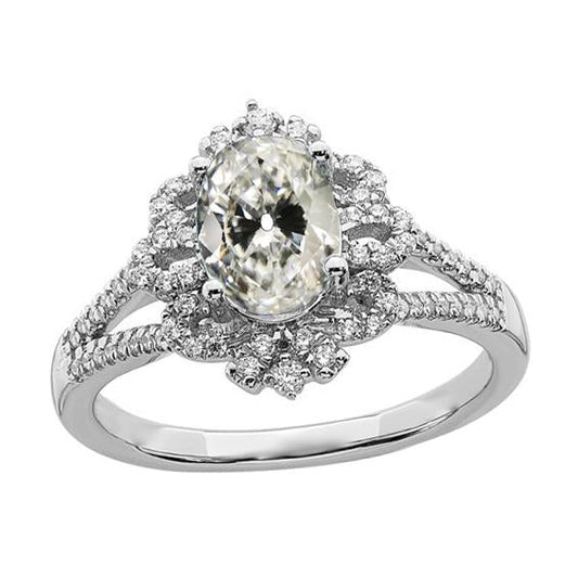 Halo Ovale Anello Con Vero Diamante Taglio Antico Stile Fiore Gambo Diviso 4,50 Carati