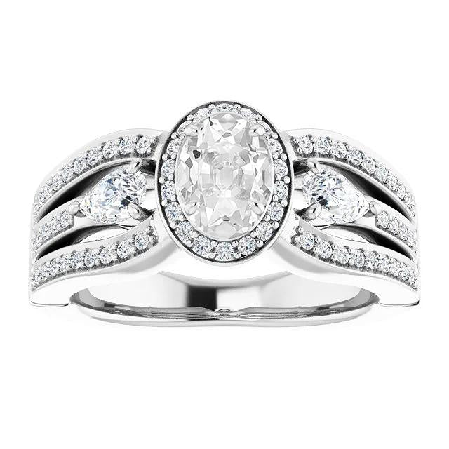 Halo Pear & Oval Vecchio Minatore Genuino Diamante Ring Triplo Gambo Diviso 6,75 Carati