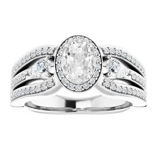 Halo Pear & Oval Vecchio Minatore Genuino Diamante Ring Triplo Gambo Diviso 6,75 Carati
