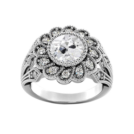 Halo Ring Bezel Set Il Giro Vecchio Minatore Naturale Diamante Fiore Stile Antico 3,25 Carati