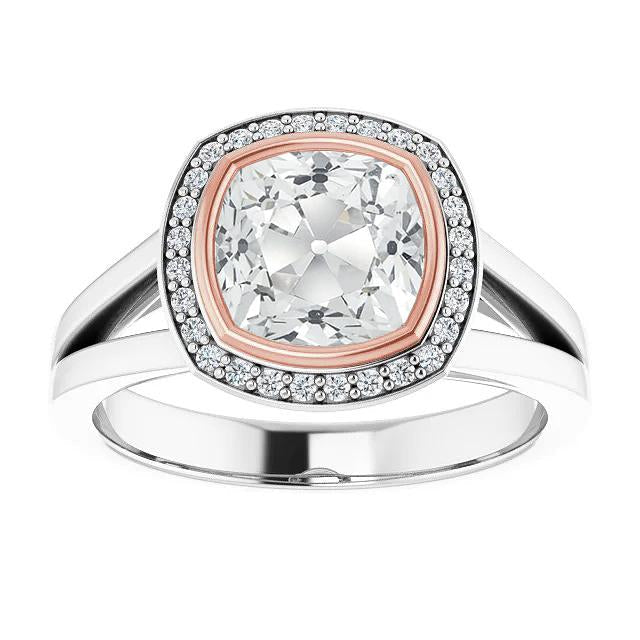 Halo Ring Cushion Old Mine Cut Vero Diamante Bezel Gambo Diviso 7,50 Carati